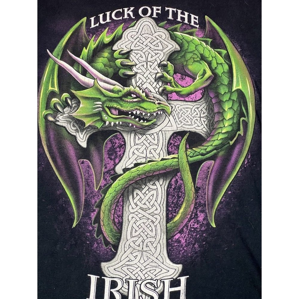 Vintage Dragon Shirt Mens Sz XL Black Luck Of The Irish Celtic‎ Cross Goth Y2K - Picture 2 of 5